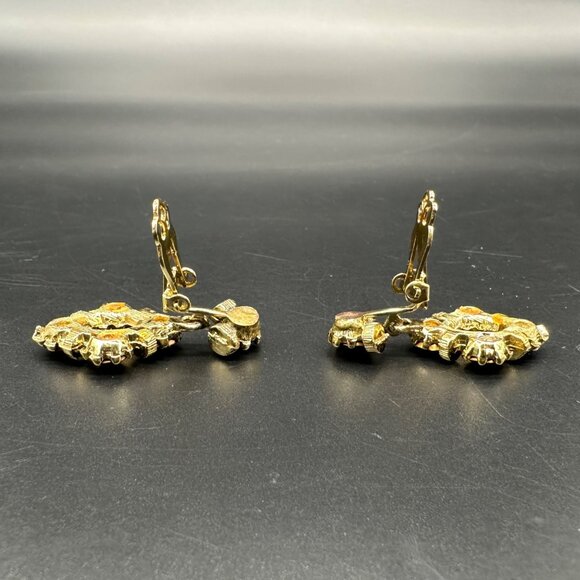 Vintage Clip On Earrings Gold Tone Green Blue Rhinestones Mid Century Jewelry - Picture 3 of 7